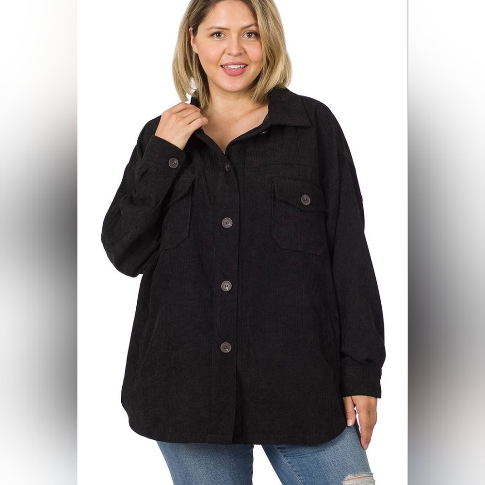 Corduroy Button Front Shacket Black